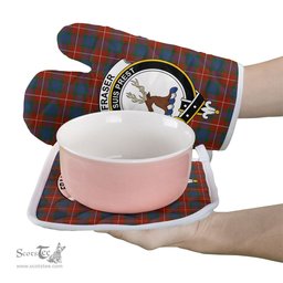 Scottish Fraser Ancient Clan Crest Tartan Oven Mitt And Pot Holder Set (2 Oven Mitts + 1 Pot Holder)