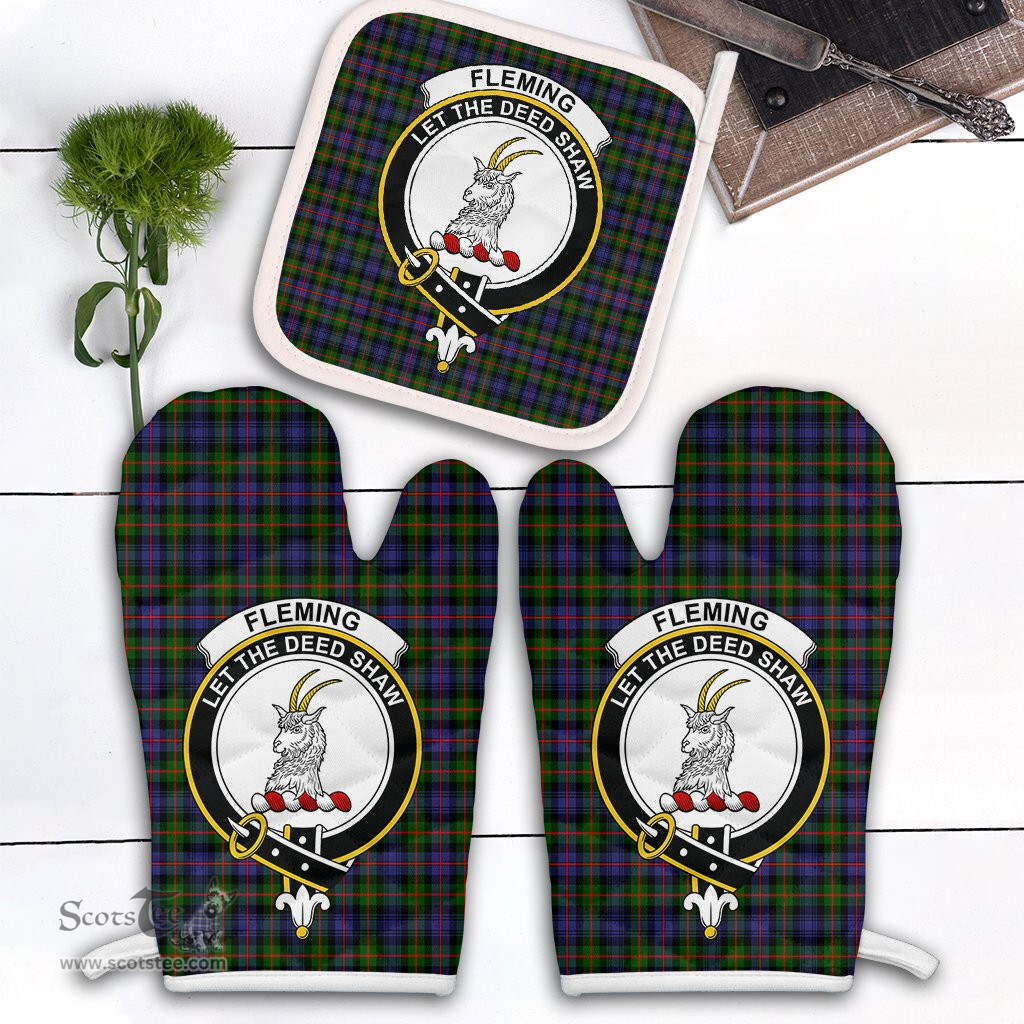 Scottish Fleming Clan Crest Tartan Oven Mitt And Pot Holder Set (2 Oven Mitts + 1 Pot Holder)