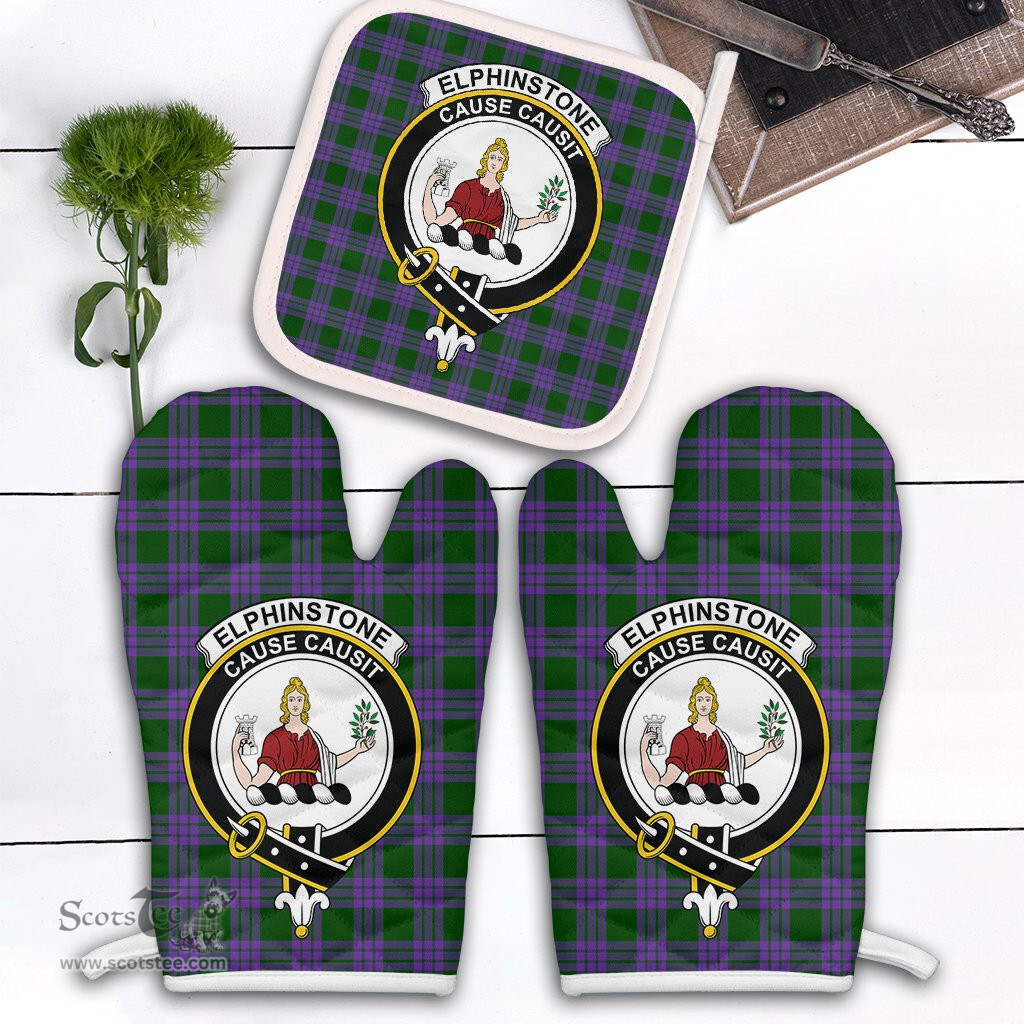 Scottish Elphinstone Clan Crest Tartan Oven Mitt And Pot Holder Set (2 Oven Mitts + 1 Pot Holder)