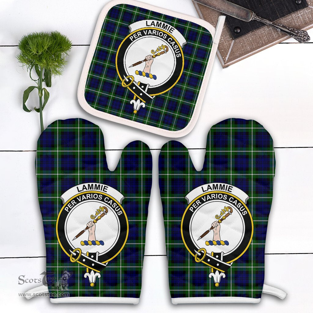 Scottish Lammie Clan Crest Tartan Oven Mitt And Pot Holder Set (2 Oven Mitts + 1 Pot Holder)