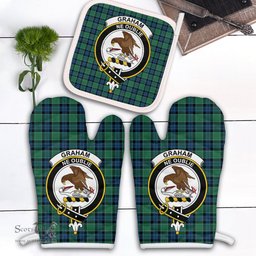 Scottish Graham Of Menteith Ancient Clan Crest Tartan Oven Mitt And Pot Holder Set (2 Oven Mitts + 1 Pot Holder)