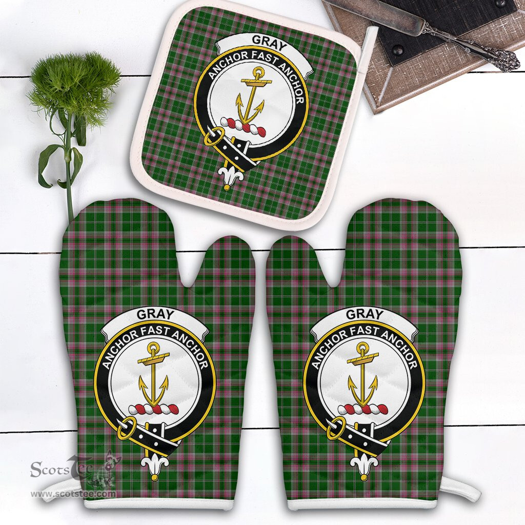 Scottish Gray Hunting Clan Crest Tartan Oven Mitt And Pot Holder Set (2 Oven Mitts + 1 Pot Holder)