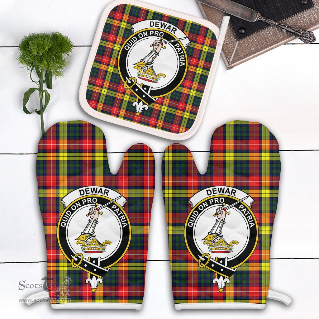 Scottish Dewar Clan Crest Tartan Oven Mitt And Pot Holder Set (2 Oven Mitts + 1 Pot Holder)