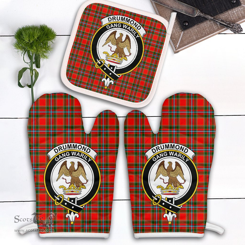 Scottish Drummond Of Perth Clan Crest Tartan Oven Mitt And Pot Holder Set (2 Oven Mitts + 1 Pot Holder)