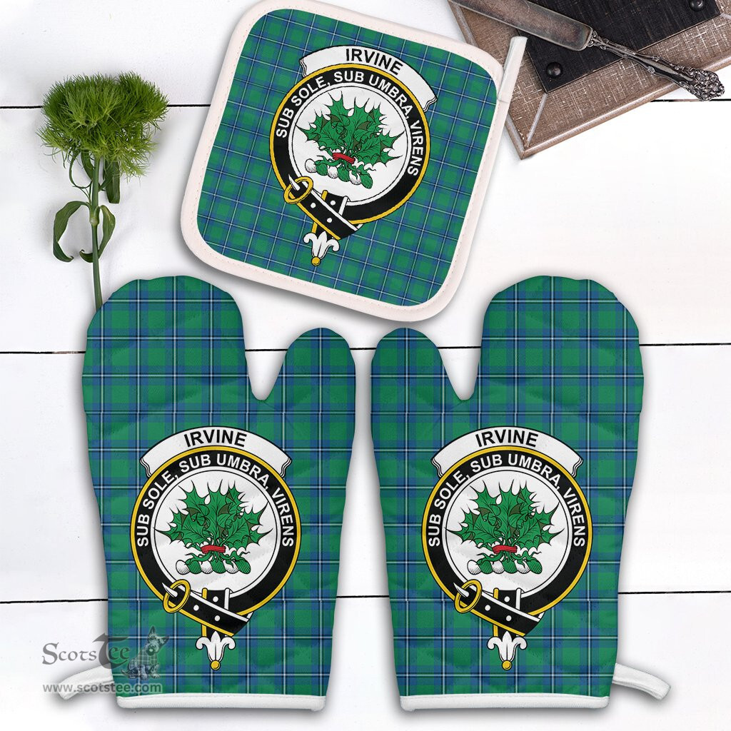 Scottish Irvine Ancient Clan Crest Tartan Oven Mitt And Pot Holder Set (2 Oven Mitts + 1 Pot Holder)