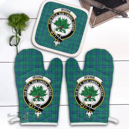 Scottish Irvine Ancient Clan Crest Tartan Oven Mitt And Pot Holder Set (2 Oven Mitts + 1 Pot Holder)