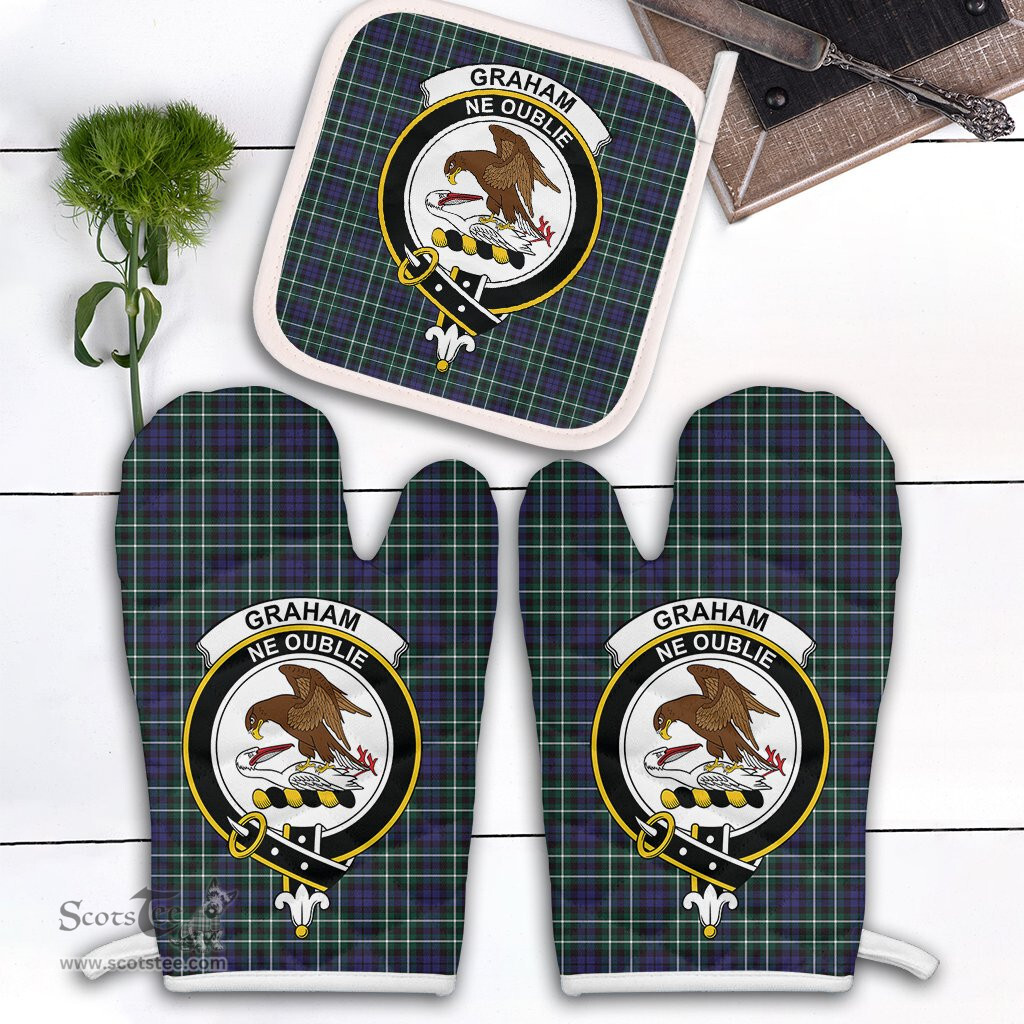 Scottish Graham Of Montrose Modern Clan Crest Tartan Oven Mitt And Pot Holder Set (2 Oven Mitts + 1 Pot Holder)
