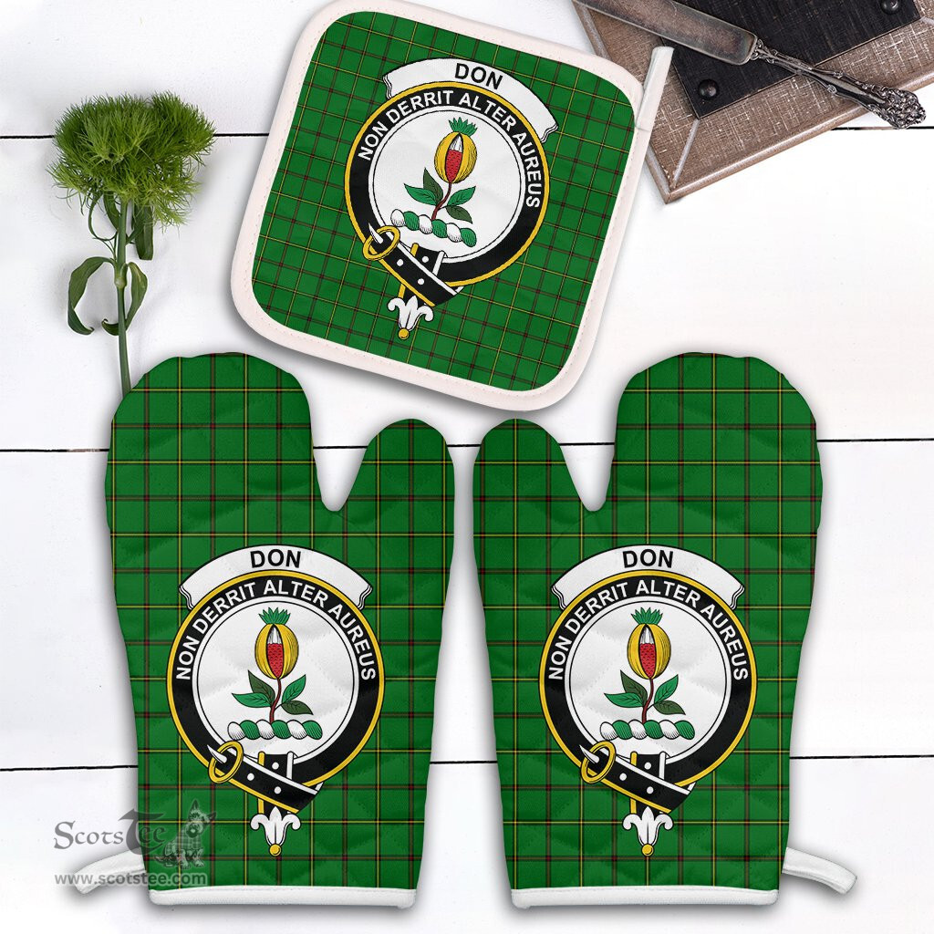 Scottish Don Clan Crest Tartan Oven Mitt And Pot Holder Set (2 Oven Mitts + 1 Pot Holder)