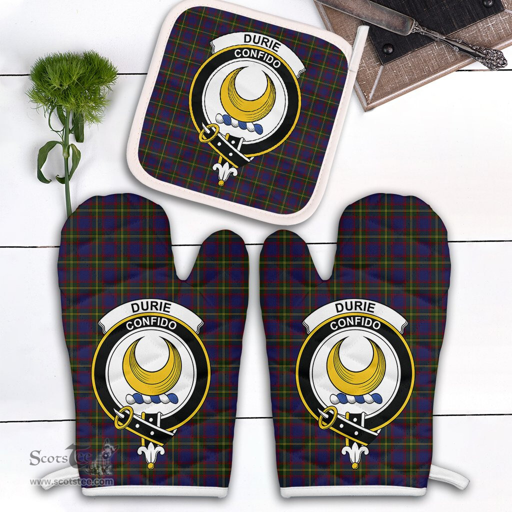 Scottish Durie Clan Crest Tartan Oven Mitt And Pot Holder Set (2 Oven Mitts + 1 Pot Holder)