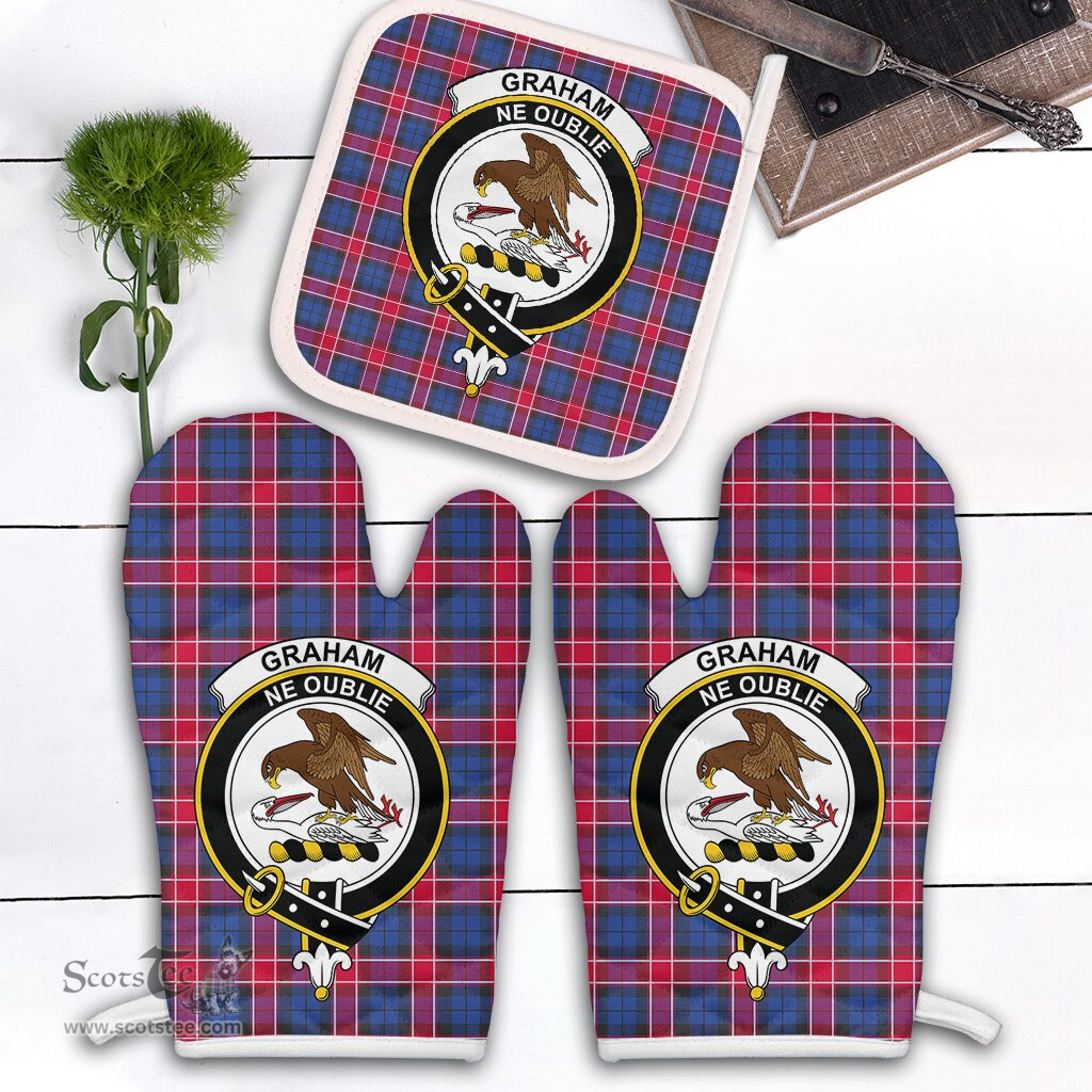 Scottish Graham Of Menteith Red Clan Crest Tartan Oven Mitt And Pot Holder Set (2 Oven Mitts + 1 Pot Holder)