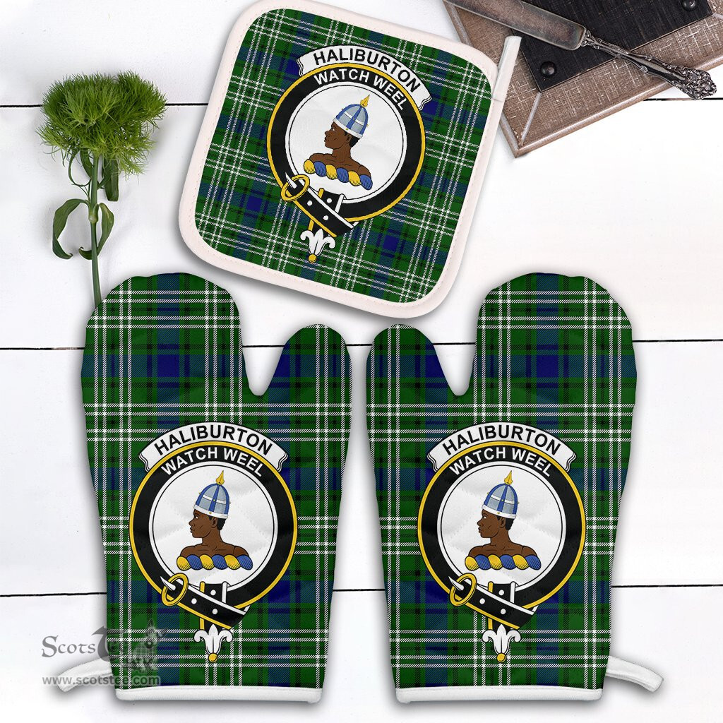 Scottish Haliburton Clan Crest Tartan Oven Mitt And Pot Holder Set (2 Oven Mitts + 1 Pot Holder)