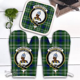 Scottish Haliburton Clan Crest Tartan Oven Mitt And Pot Holder Set (2 Oven Mitts + 1 Pot Holder)