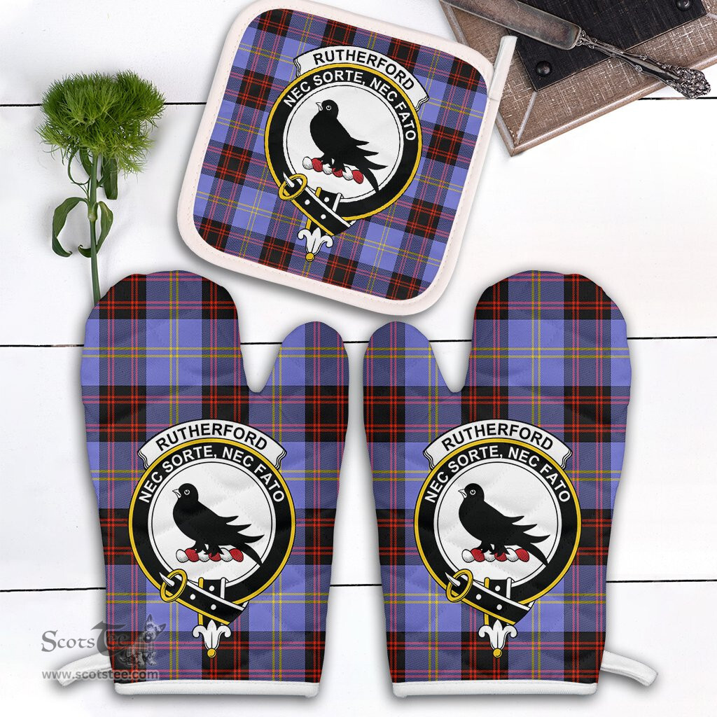 Scottish Rutherford Clan Crest Tartan Oven Mitt And Pot Holder Set (2 Oven Mitts + 1 Pot Holder)