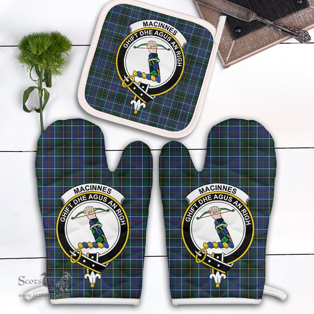 Scottish MacInnes Modern Clan Crest Tartan Oven Mitt And Pot Holder Set (2 Oven Mitts + 1 Pot Holder)