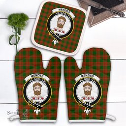 Scottish Menzies Green Modern Clan Crest Tartan Oven Mitt And Pot Holder Set (2 Oven Mitts + 1 Pot Holder)