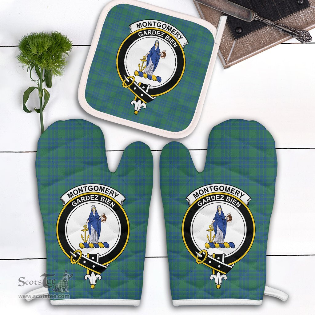 Scottish Montgomery Ancient Clan Crest Tartan Oven Mitt And Pot Holder Set (2 Oven Mitts + 1 Pot Holder)