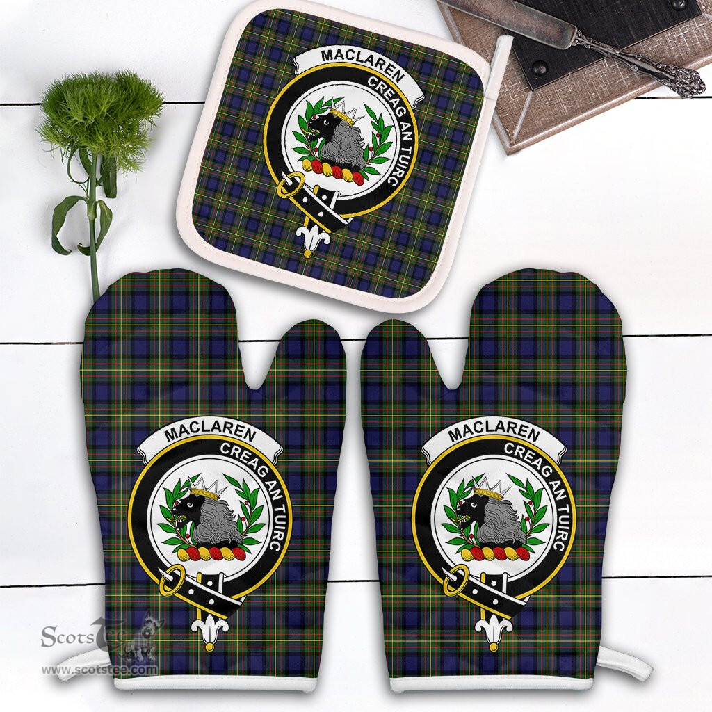 Scottish MacLaren Modern Clan Crest Tartan Oven Mitt And Pot Holder Set (2 Oven Mitts + 1 Pot Holder)