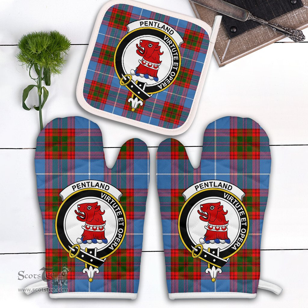 Scottish Pentland Clan Crest Tartan Oven Mitt And Pot Holder Set (2 Oven Mitts + 1 Pot Holder)
