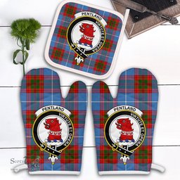 Scottish Pentland Clan Crest Tartan Oven Mitt And Pot Holder Set (2 Oven Mitts + 1 Pot Holder)