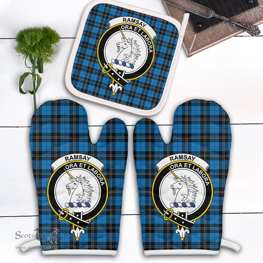 Scottish Ramsay Blue Ancient Clan Crest Tartan Oven Mitt And Pot Holder Set (2 Oven Mitts + 1 Pot Holder)