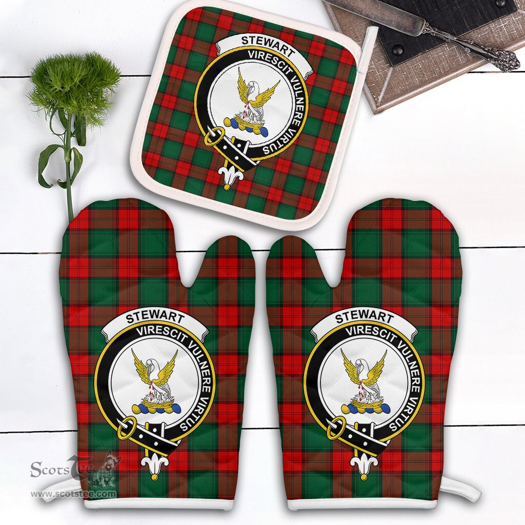 Scottish Stewart Atholl Modern Clan Crest Tartan Oven Mitt And Pot Holder Set (2 Oven Mitts + 1 Pot Holder)
