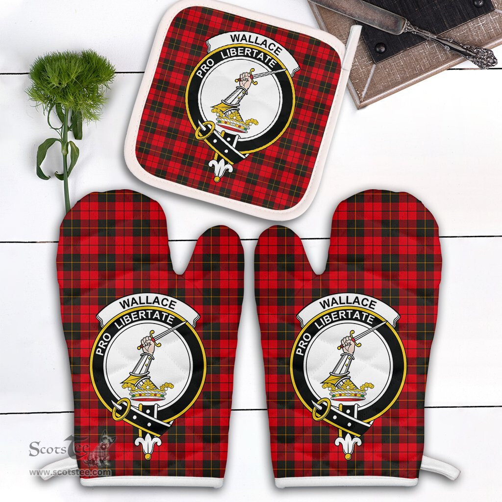 Scottish Wallace Weathered Clan Crest Tartan Oven Mitt And Pot Holder Set (2 Oven Mitts + 1 Pot Holder)