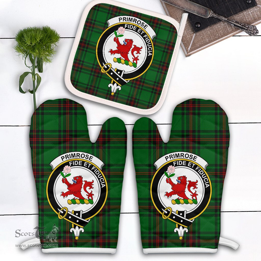 Scottish Primrose Clan Crest Tartan Oven Mitt And Pot Holder Set (2 Oven Mitts + 1 Pot Holder)