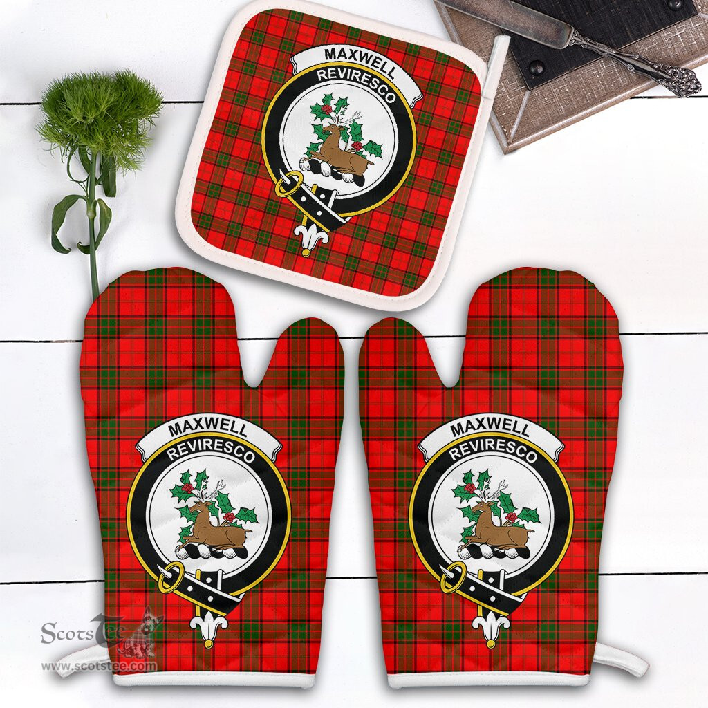 Scottish Maxwell Modern Clan Crest Tartan Oven Mitt And Pot Holder Set (2 Oven Mitts + 1 Pot Holder)