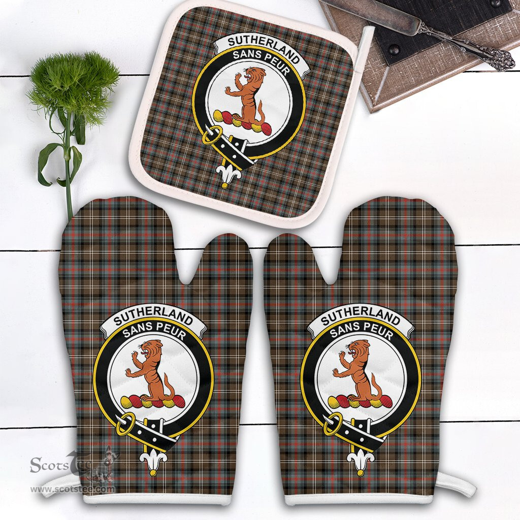 Scottish Sutherland Weathered Clan Crest Tartan Oven Mitt And Pot Holder Set (2 Oven Mitts + 1 Pot Holder)