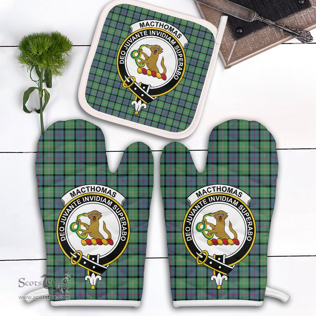 Scottish MacThomas Ancient Clan Crest Tartan Oven Mitt And Pot Holder Set (2 Oven Mitts + 1 Pot Holder)