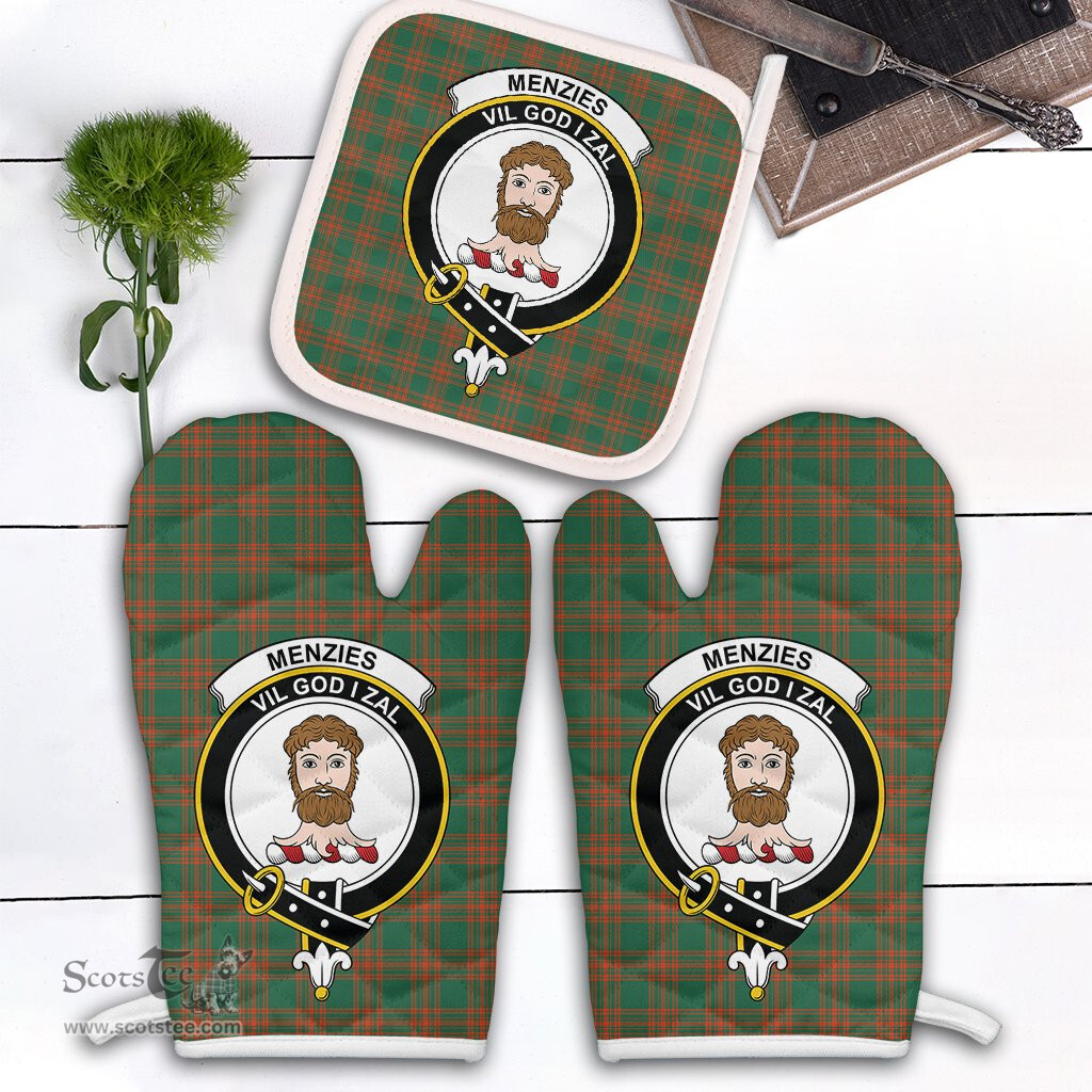 Scottish Menzies Green Ancient Clan Crest Tartan Oven Mitt And Pot Holder Set (2 Oven Mitts + 1 Pot Holder)