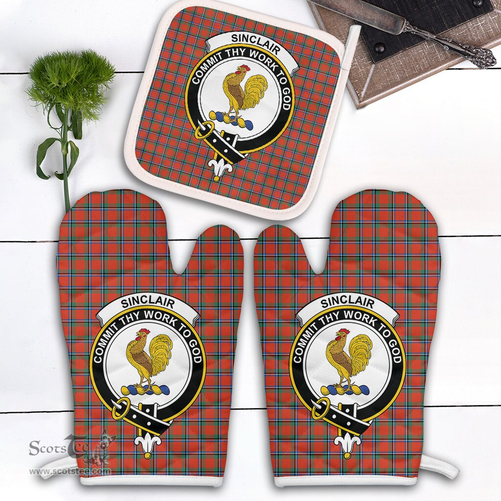 Scottish Sinclair Ancient Clan Crest Tartan Oven Mitt And Pot Holder Set (2 Oven Mitts + 1 Pot Holder)
