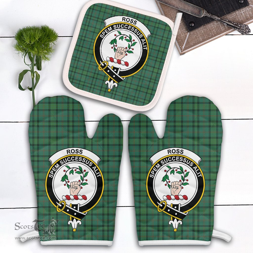 Scottish Ross Hunting Ancient Clan Crest Tartan Oven Mitt And Pot Holder Set (2 Oven Mitts + 1 Pot Holder)