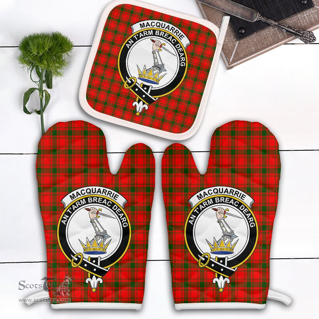 Scottish MacQuarrie Modern Clan Crest Tartan Oven Mitt And Pot Holder Set (2 Oven Mitts + 1 Pot Holder)