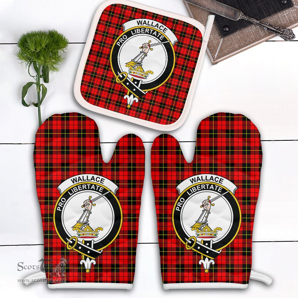 Scottish Wallace Hunting Red Clan Crest Tartan Oven Mitt And Pot Holder Set (2 Oven Mitts + 1 Pot Holder)