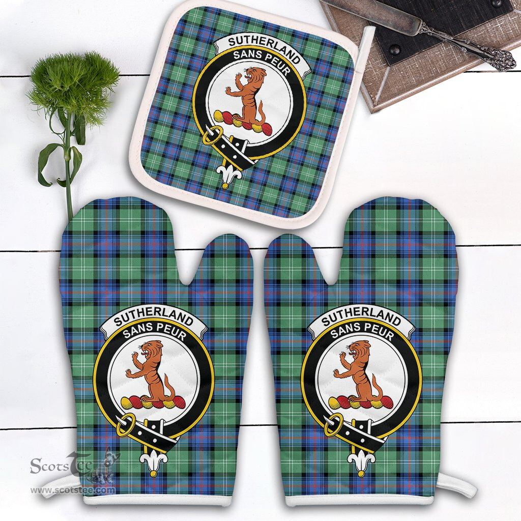 Scottish Sutherland Old Ancient Clan Crest Tartan Oven Mitt And Pot Holder Set (2 Oven Mitts + 1 Pot Holder)