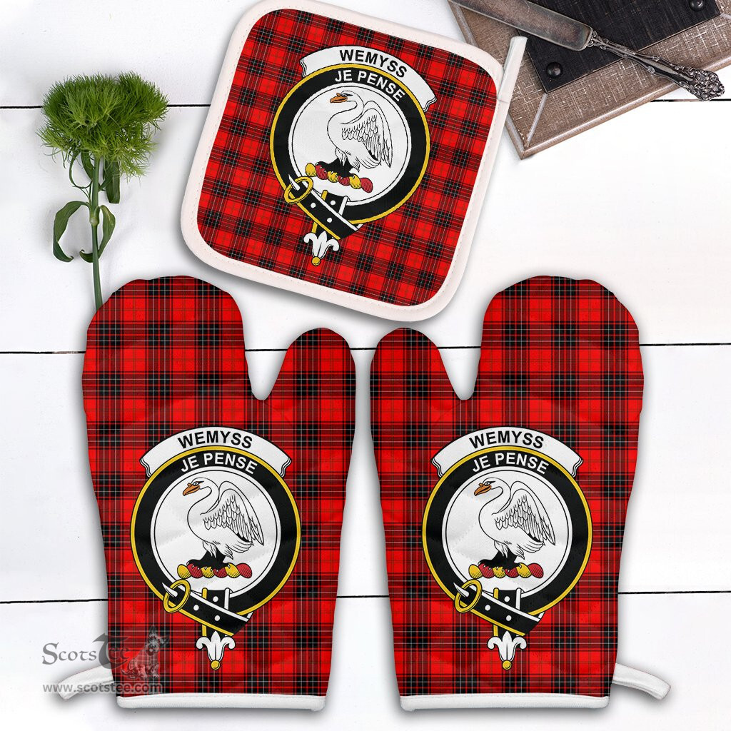 Scottish Wemyss Modern Clan Crest Tartan Oven Mitt And Pot Holder Set (2 Oven Mitts + 1 Pot Holder)