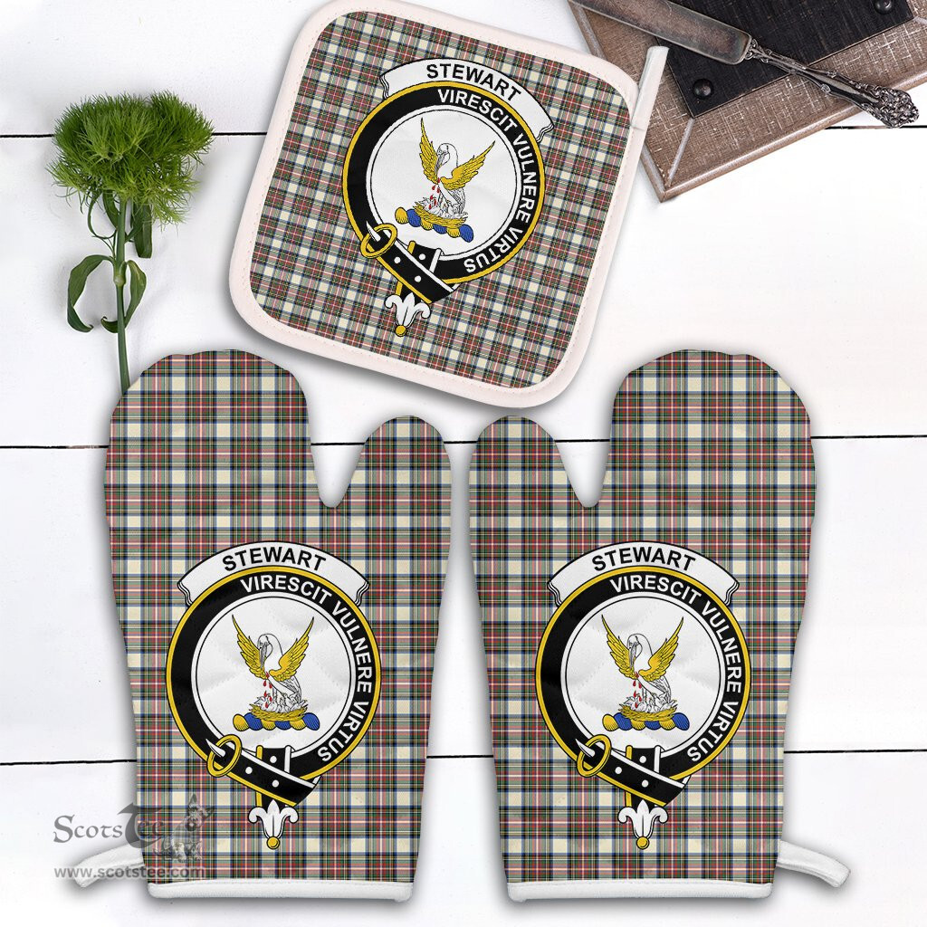Scottish Stewart Dress Ancient Clan Crest Tartan Oven Mitt And Pot Holder Set (2 Oven Mitts + 1 Pot Holder)