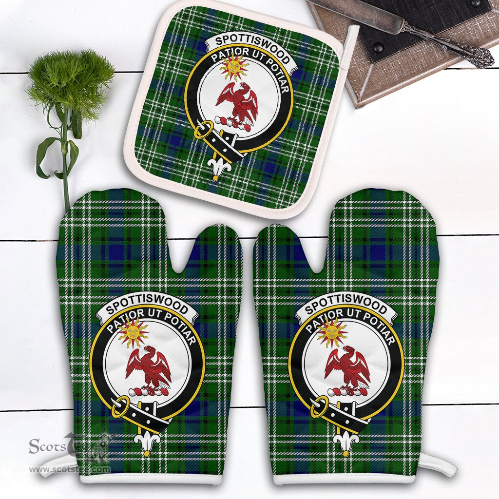 Scottish Spottiswood Clan Crest Tartan Oven Mitt And Pot Holder Set (2 Oven Mitts + 1 Pot Holder)