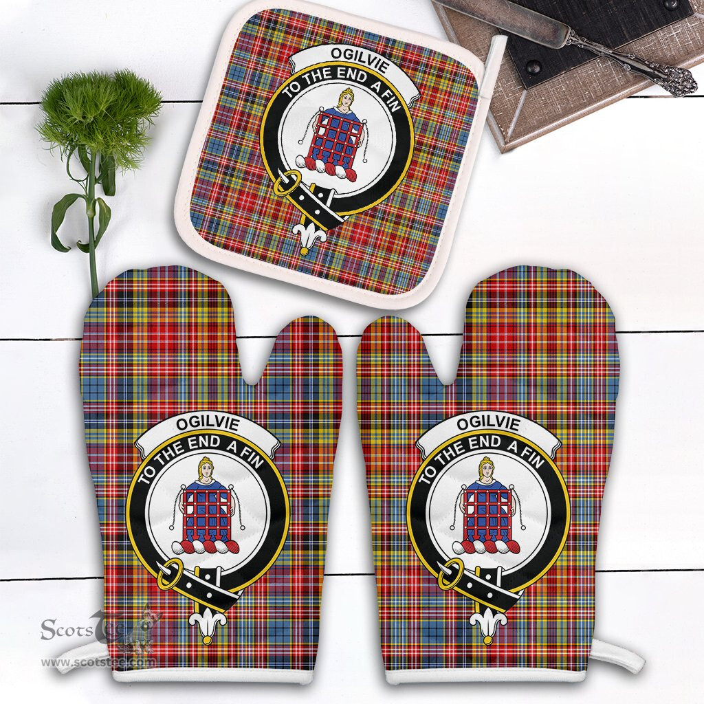 Scottish Ogilvie Of Airlie Ancient Clan Crest Tartan Oven Mitt And Pot Holder Set (2 Oven Mitts + 1 Pot Holder)