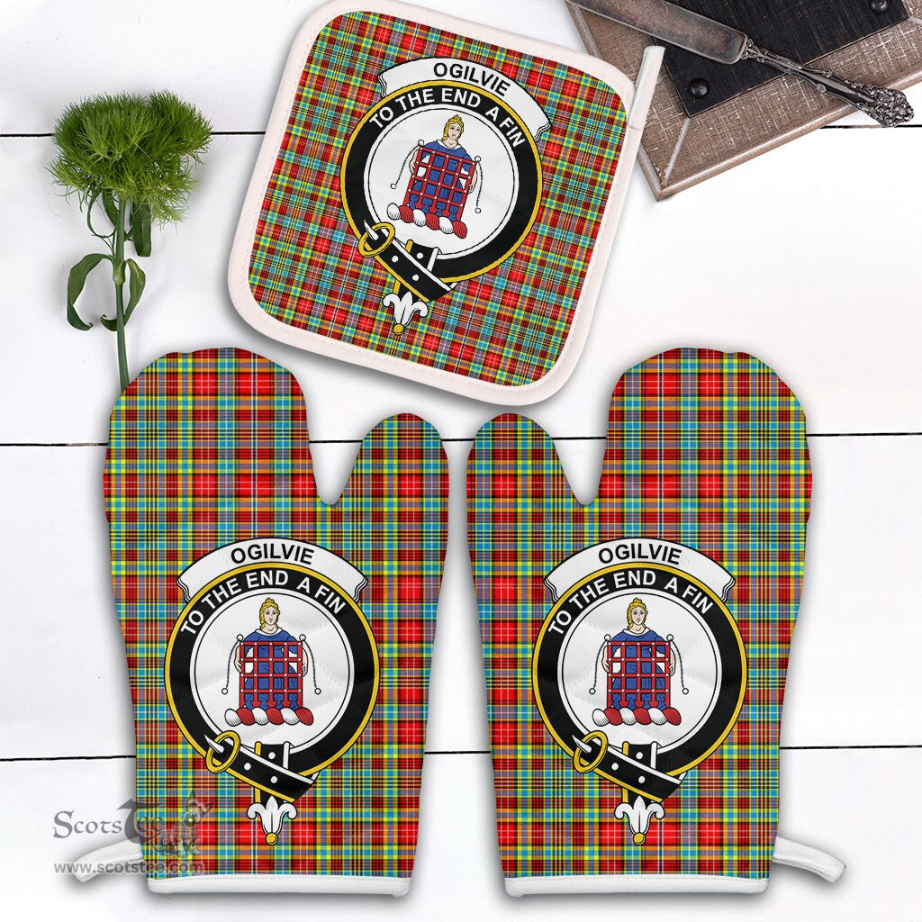Scottish Ogilvie Clan Crest Tartan Oven Mitt And Pot Holder Set (2 Oven Mitts + 1 Pot Holder)