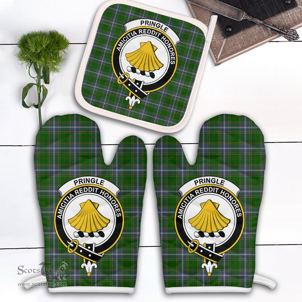 Scottish Pringle Clan Crest Tartan Oven Mitt And Pot Holder Set (2 Oven Mitts + 1 Pot Holder)