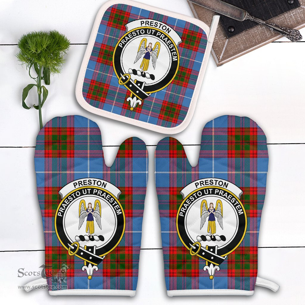 Scottish Preston Clan Crest Tartan Oven Mitt And Pot Holder Set (2 Oven Mitts + 1 Pot Holder)