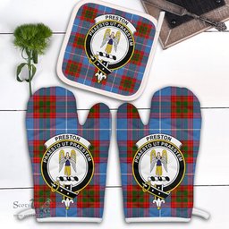 Scottish Preston Clan Crest Tartan Oven Mitt And Pot Holder Set (2 Oven Mitts + 1 Pot Holder)