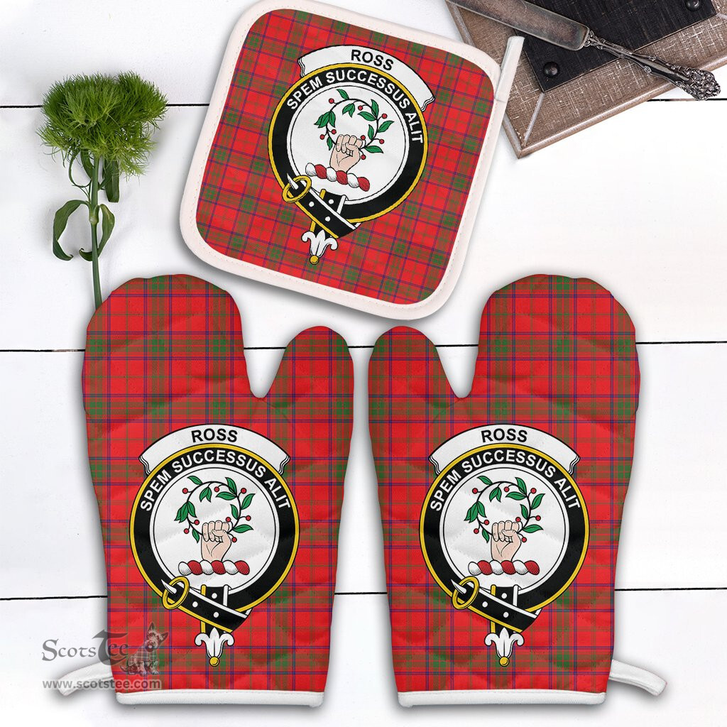 Scottish Ross Modern Clan Crest Tartan Oven Mitt And Pot Holder Set (2 Oven Mitts + 1 Pot Holder)