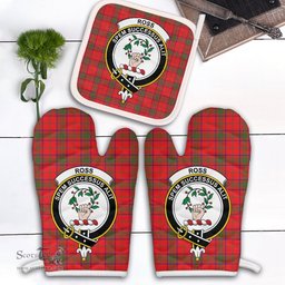 Scottish Ross Modern Clan Crest Tartan Oven Mitt And Pot Holder Set (2 Oven Mitts + 1 Pot Holder)