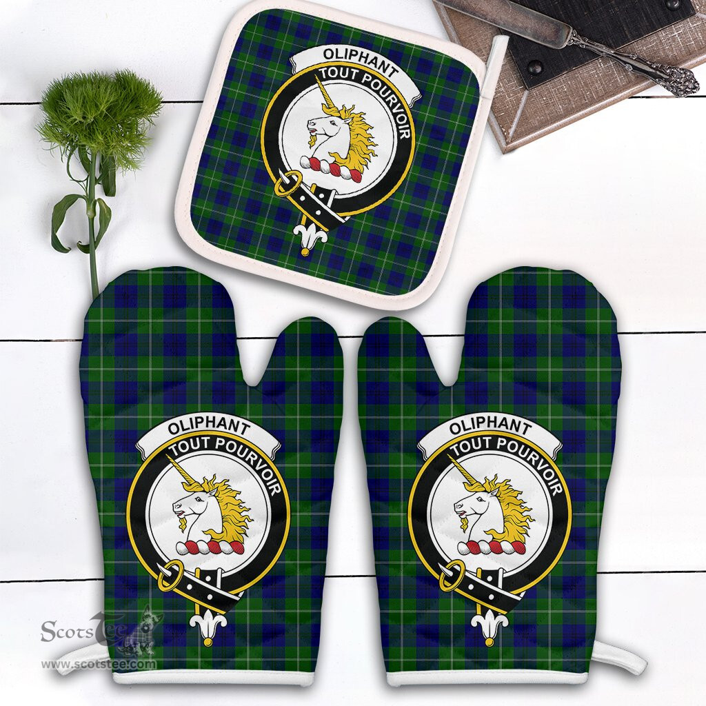 Scottish Oliphant Modern Clan Crest Tartan Oven Mitt And Pot Holder Set (2 Oven Mitts + 1 Pot Holder)