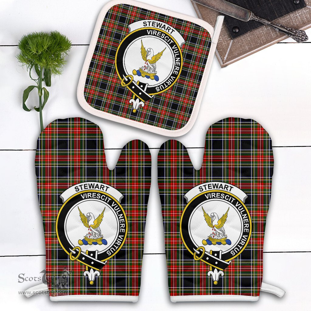 Scottish Stewart Black Clan Crest Tartan Oven Mitt And Pot Holder Set (2 Oven Mitts + 1 Pot Holder)