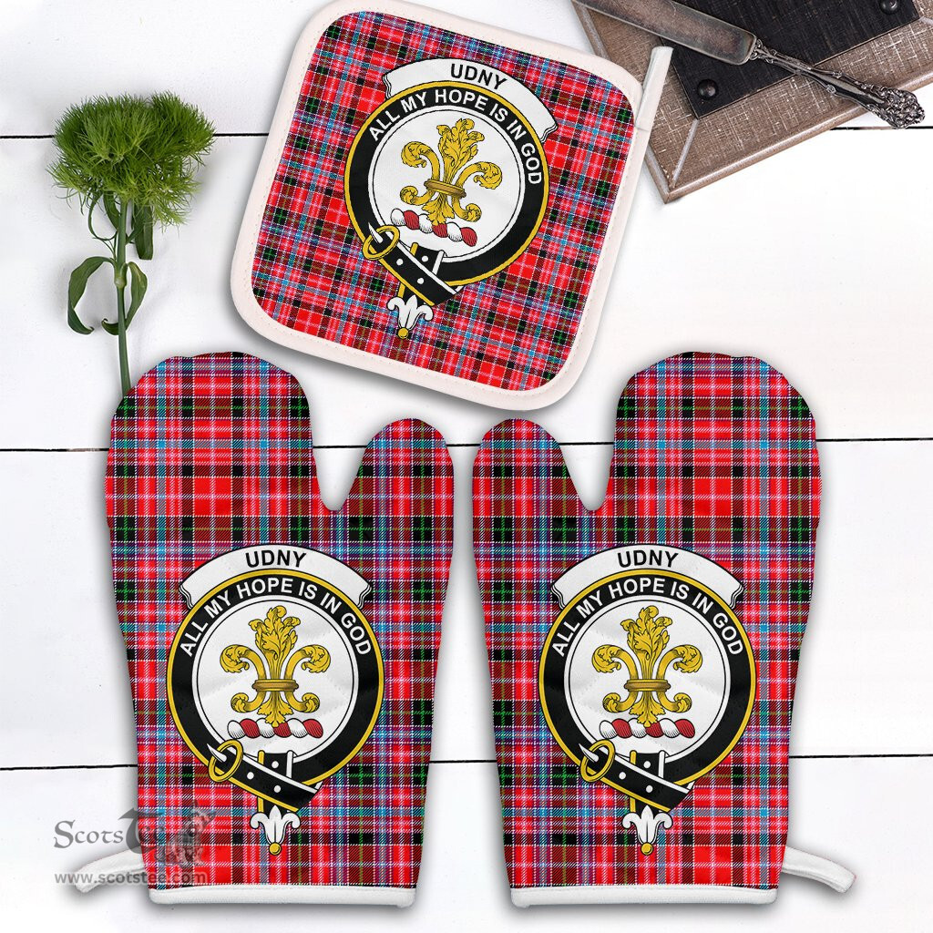 Scottish Udny Clan Crest Tartan Oven Mitt And Pot Holder Set (2 Oven Mitts + 1 Pot Holder)