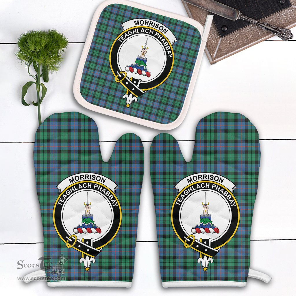 Scottish Morrison Ancient Clan Crest Tartan Oven Mitt And Pot Holder Set (2 Oven Mitts + 1 Pot Holder)